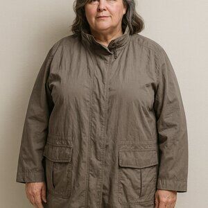 EILEEN FISHER NEW Light Wind Breaker Zip Front Hidden Hood Gray Women 2X